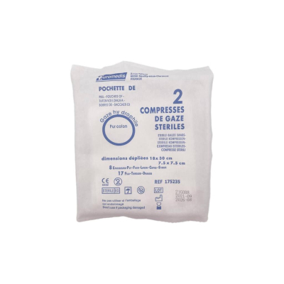 Boite de 40 sachets de 2 compresses de gaze stériles 7,5x7,5cm