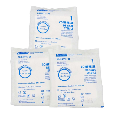 Boite de 100 sachets de 1 compresse de gaze stérile 7,5x7,5cm