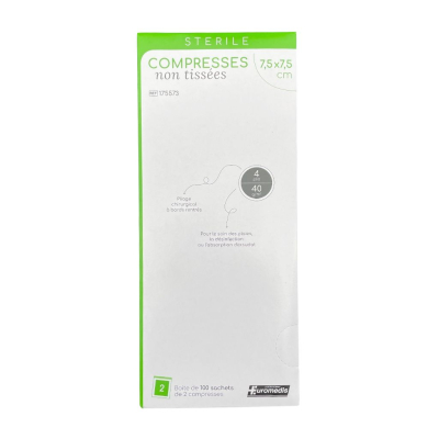 Boite de 100 sachets de 2 compresses non-tissées stériles 7,5x7,5cm