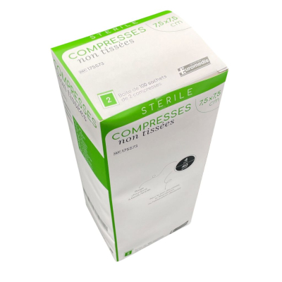 Boite de 100 sachets de 2 compresses non-tissées stériles 7,5x7,5cm