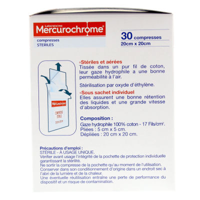 Boite de 30 Compresses stériles 5 x 5 cm Mercurochrome 