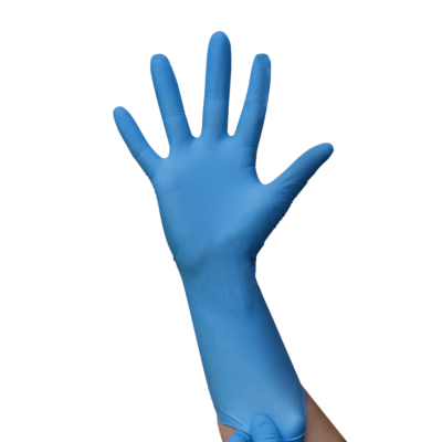 Gants nitrile non poudrés avec manchette longue 300 mm bleus boite de 100