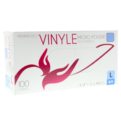 Gants vinyle micro poudrés bleus boite de 100