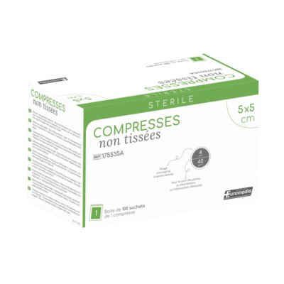 Boite de 100 sachets de 1 compresse non-tissée stérile 5x5cm