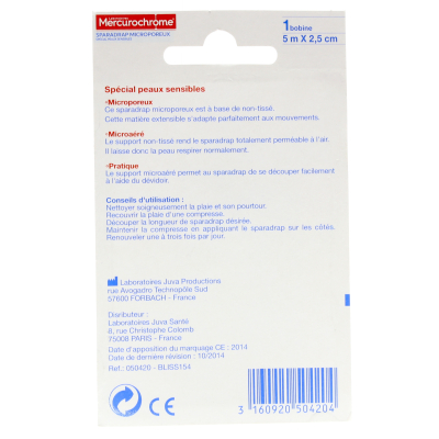 Sparadrap microporeux 5m x 2,5cm Mercurochrome