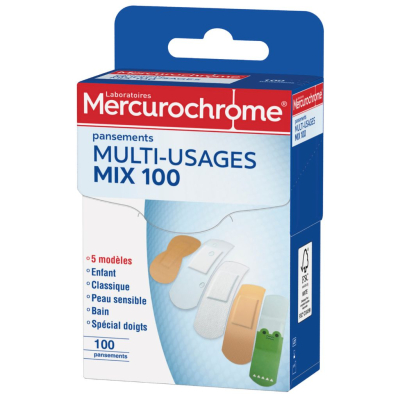 Boîte de 100 Pansements panachés multi-usages Mercurochrome